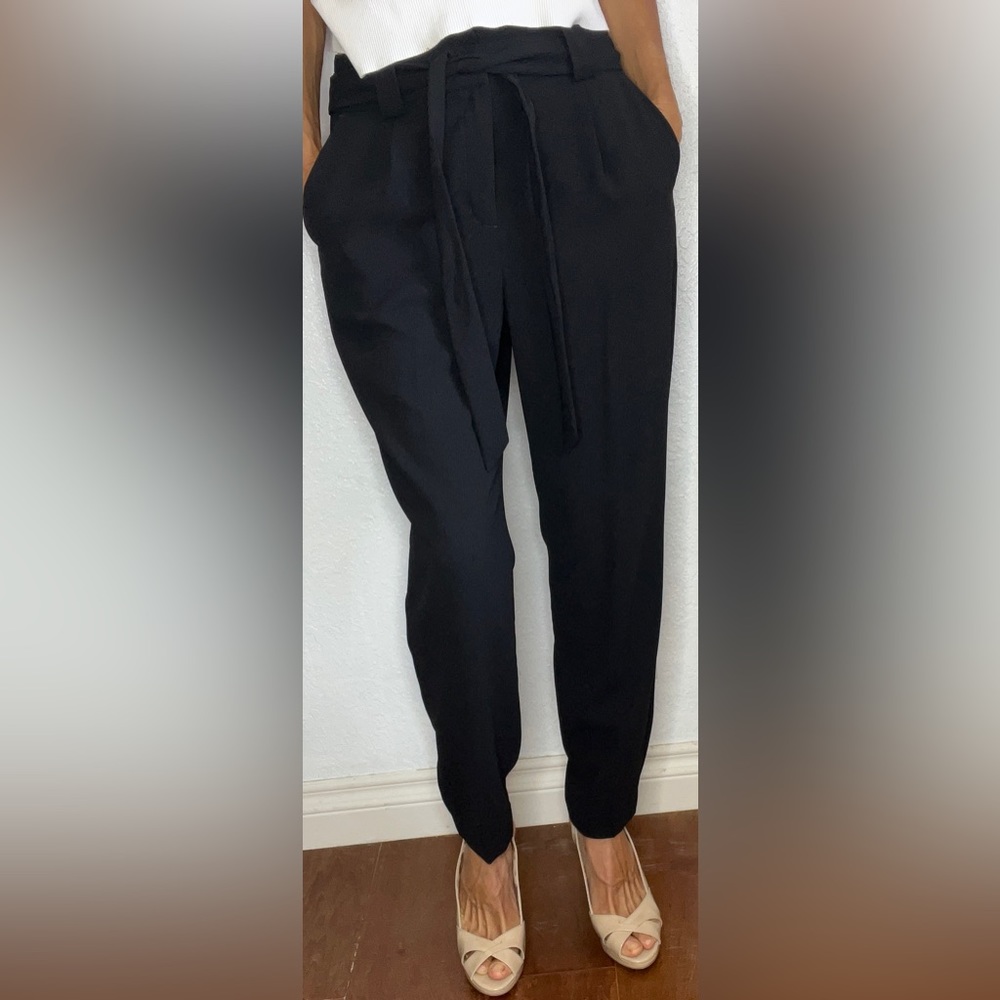 Express Paper Bag Waist High Rise Pleated Trouser Pants Polyester Black (8)